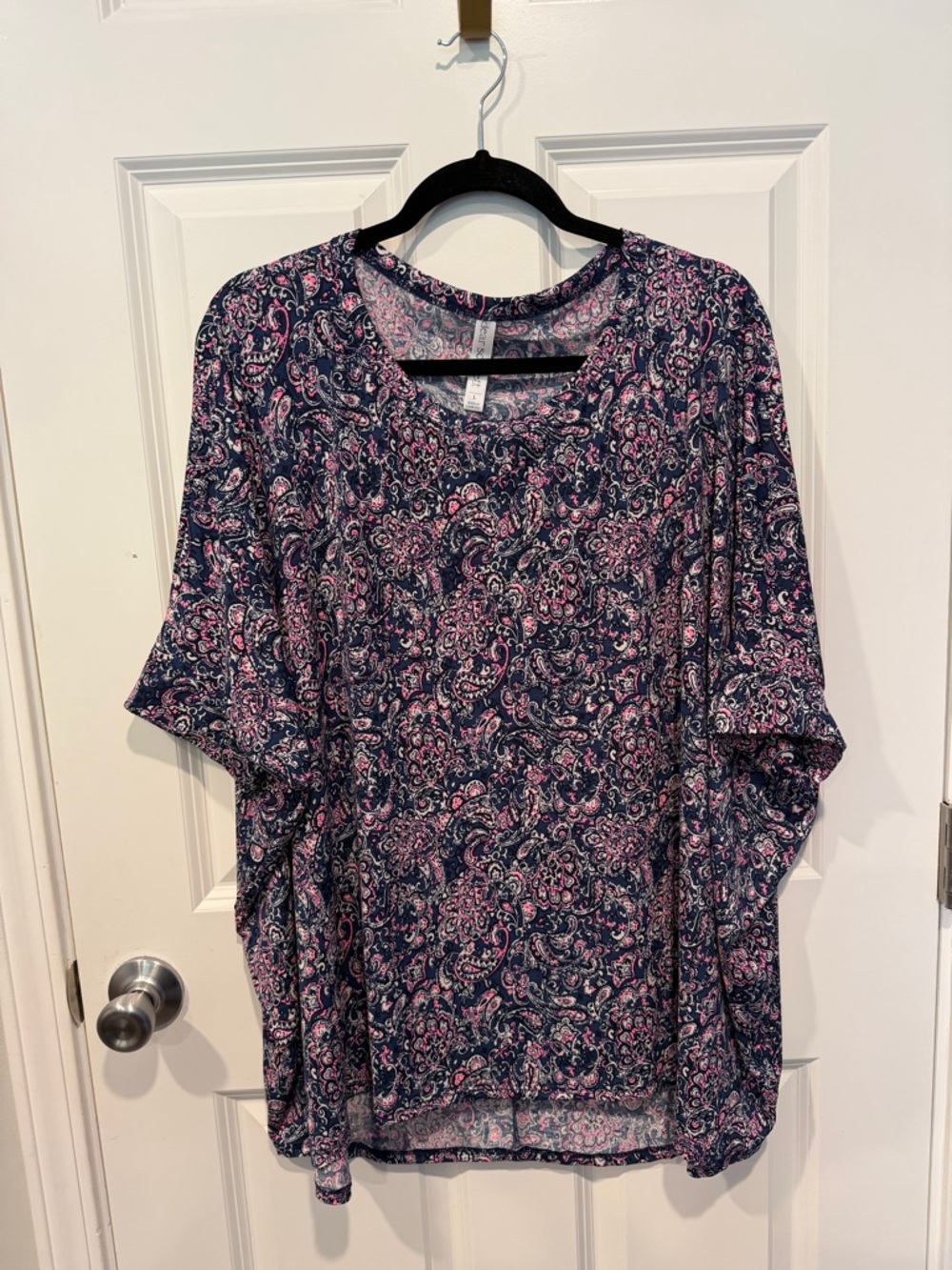 Women's Navy and Pink Paisley Short Sleeve Blouse